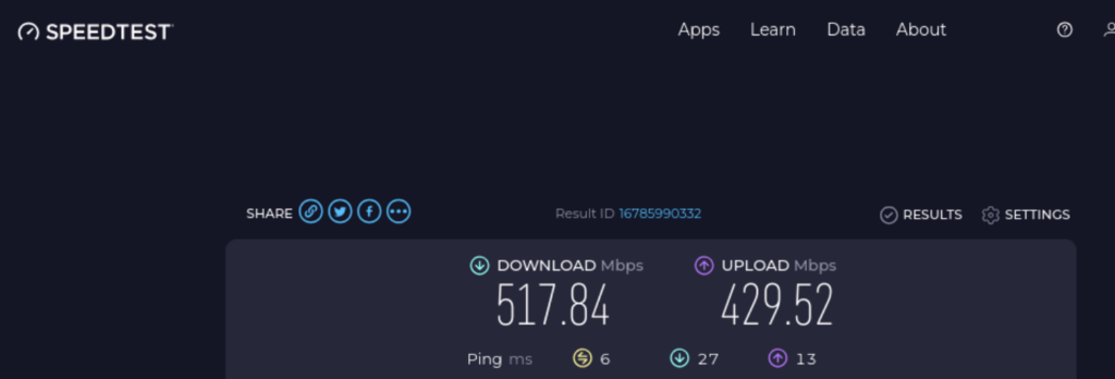 speed test from proxmox homelab virtual machine